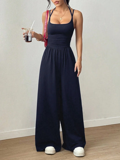 New Spring Summer Jumpsuit Solid Color Casual Simple Spring Summer Suspender Sleeveless High Waist Backless Loose Overalls
