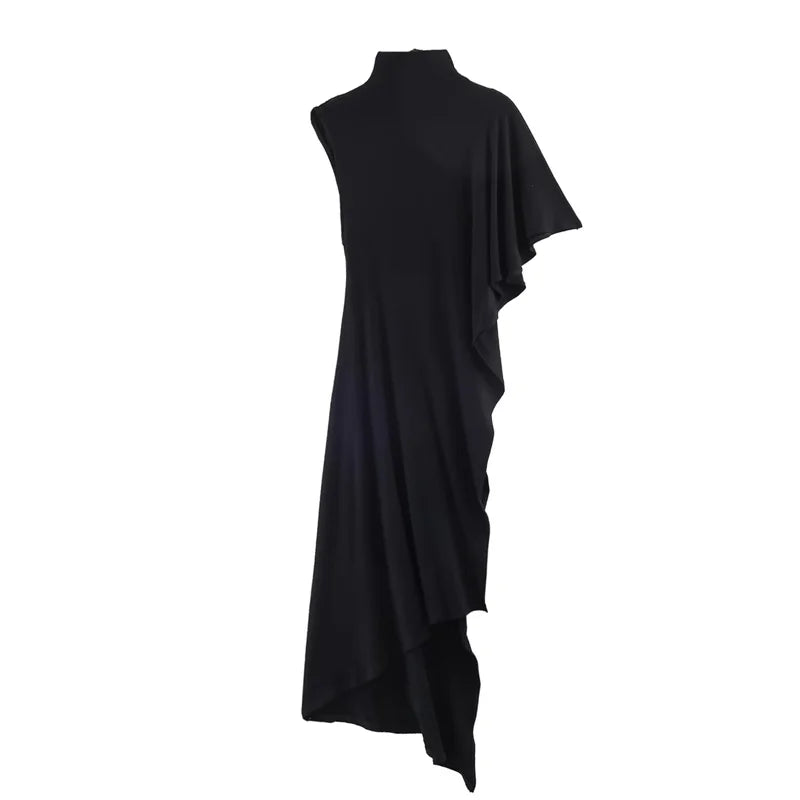 Short-Sleeve High-Neck Asymmetrical Pleated T shirt