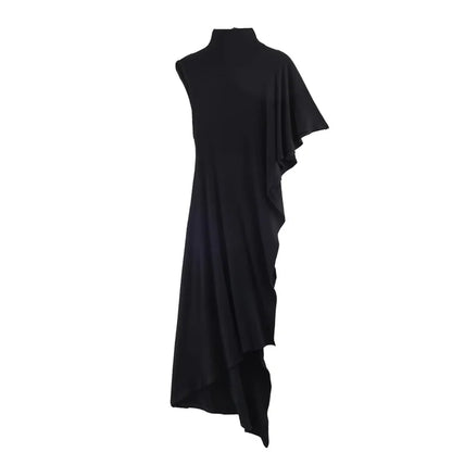 Short-Sleeve High-Neck Asymmetrical Pleated T shirt