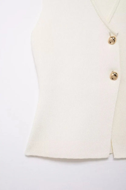 2 Piece Set Chic V-Neck Sleeveless Button Knitted Vest Top + Splicing High Waist Ankle-Length Skirt
