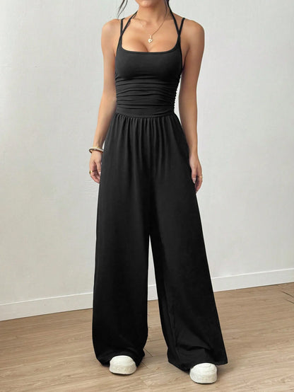 New Spring Summer Jumpsuit Solid Color Casual Simple Spring Summer Suspender Sleeveless High Waist Backless Loose Overalls