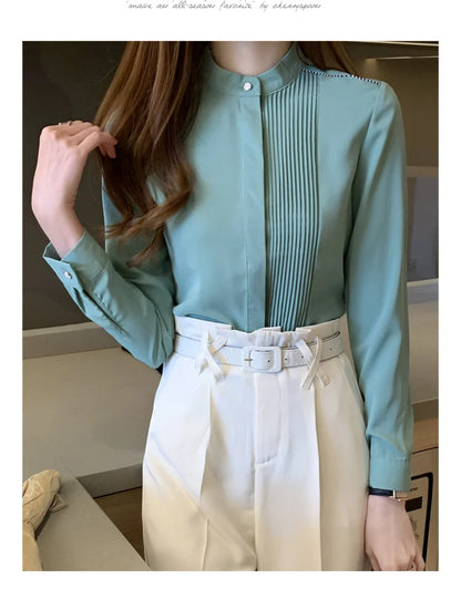 Long Sleeve Chiffon Blouse Shirt Women V-Neck-  Office Lady Blouse