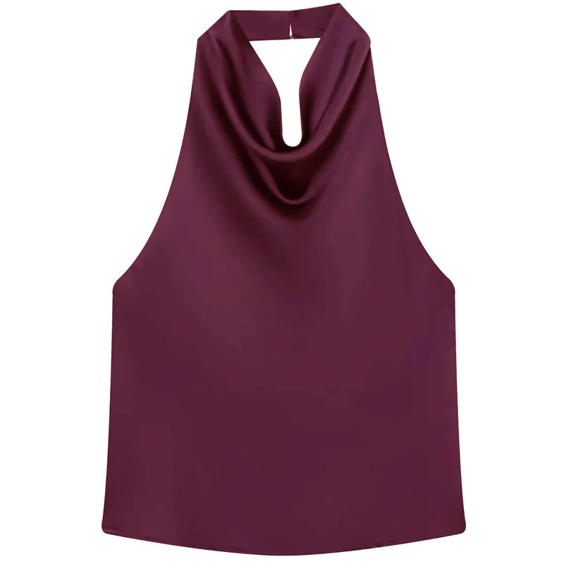 Satin Halter Sleeveless Open back Summer Top Off Shoulder