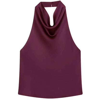 Satin Halter Sleeveless Open back Summer Top Off Shoulder