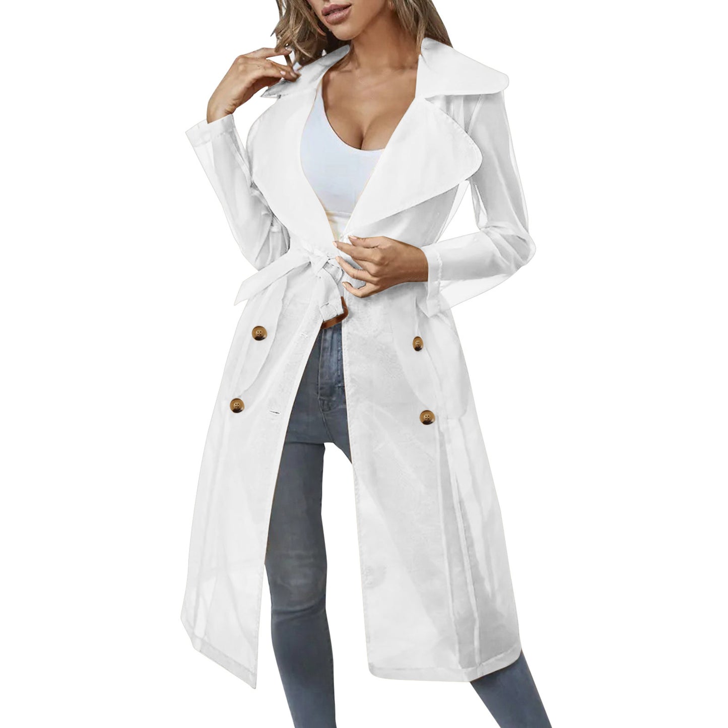 Jackets For Womens Mesh Transparent Overcoat Long Sleeve Buttoned Coat With Belt Turndown Collar Light Weight Long Jackets