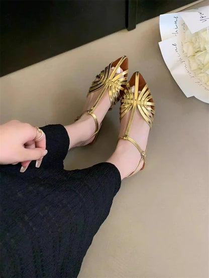 Sandals Summer Low Heel Ankle Strap Buckle Sandals Pointed Toe Hollowed Out T-strap Sandal