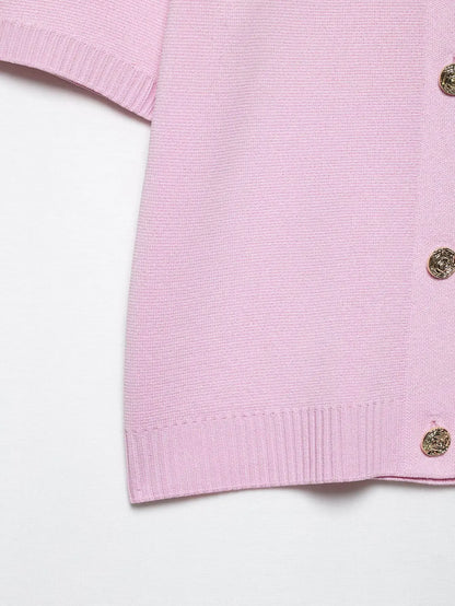 Knitted Skirt Suit Crew Neck Single-Breasted Short Sleeve Top+Fashion Elegant Elastic Waist Mini Skirt