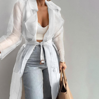 2023 Women Mesh Trench Coat Fashion See Through Jacket Summer Lace-up Sunscreen Shirt Net Yarn Long Shirt Thin Coat With Belt