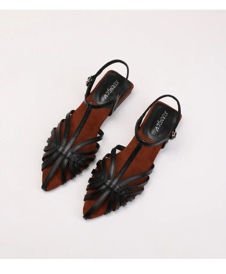 Sandals Summer Low Heel Ankle Strap Buckle Sandals Pointed Toe Hollowed Out T-strap Sandal