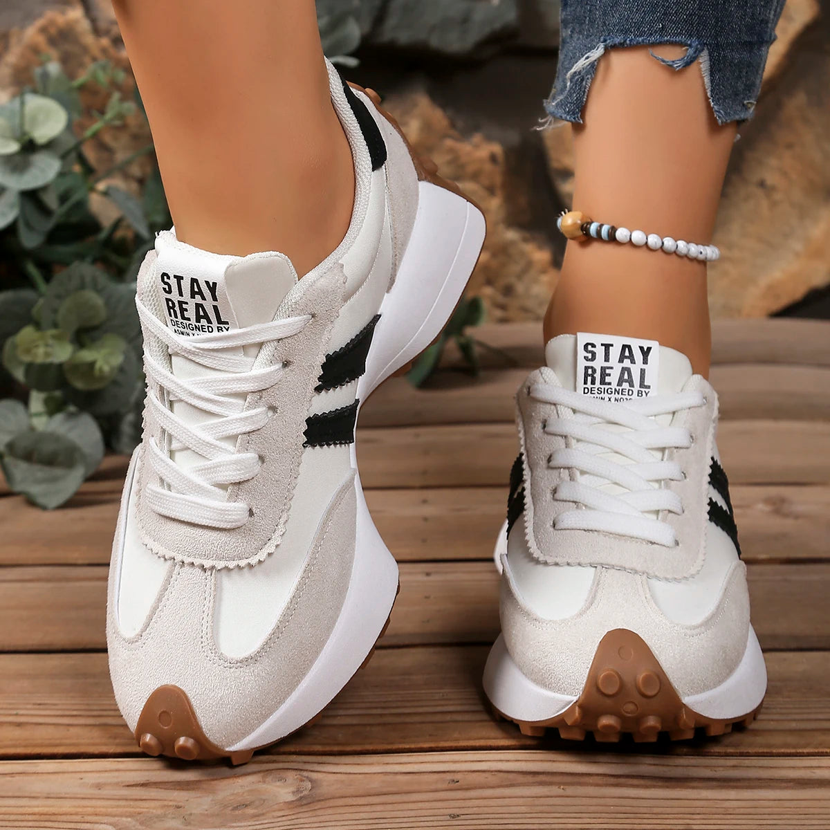 New Style Elegant Lace Up Casual Shoes Women Spring/Autumn Round Toe Thick Sole Anti Slip Comfortable Sports Shoes