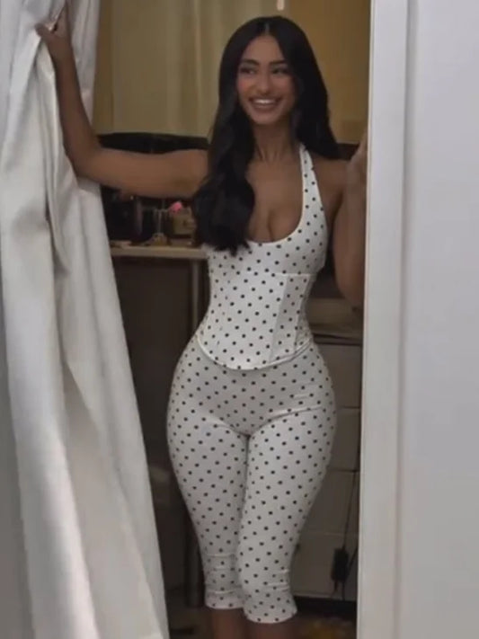 Polka Dot Capri and Halter Lace Up Sleeveless Backless Top- 2 pcs outfit