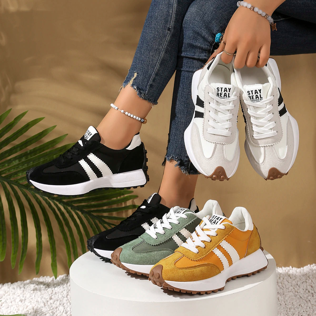 New Style Elegant Lace Up Casual Shoes Women Spring/Autumn Round Toe Thick Sole Anti Slip Comfortable Sports Shoes