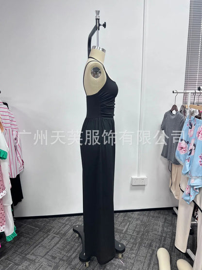 New Spring Summer Jumpsuit Solid Color Casual Simple Spring Summer Suspender Sleeveless High Waist Backless Loose Overalls