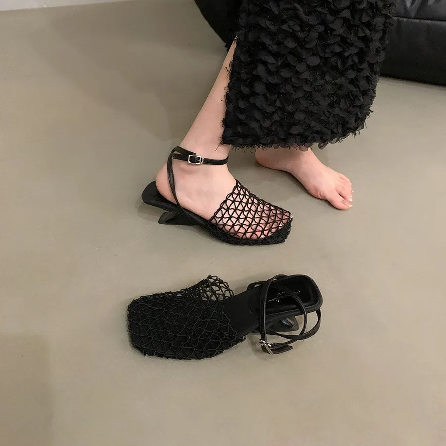 Luxury women's lace Mesh Fashion Sandals- Square Toe Shallow Narrow Strap Braided Slip-on High Heels Sandals