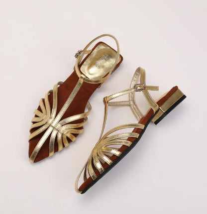 Sandals Summer Low Heel Ankle Strap Buckle Sandals Pointed Toe Hollowed Out T-strap Sandal