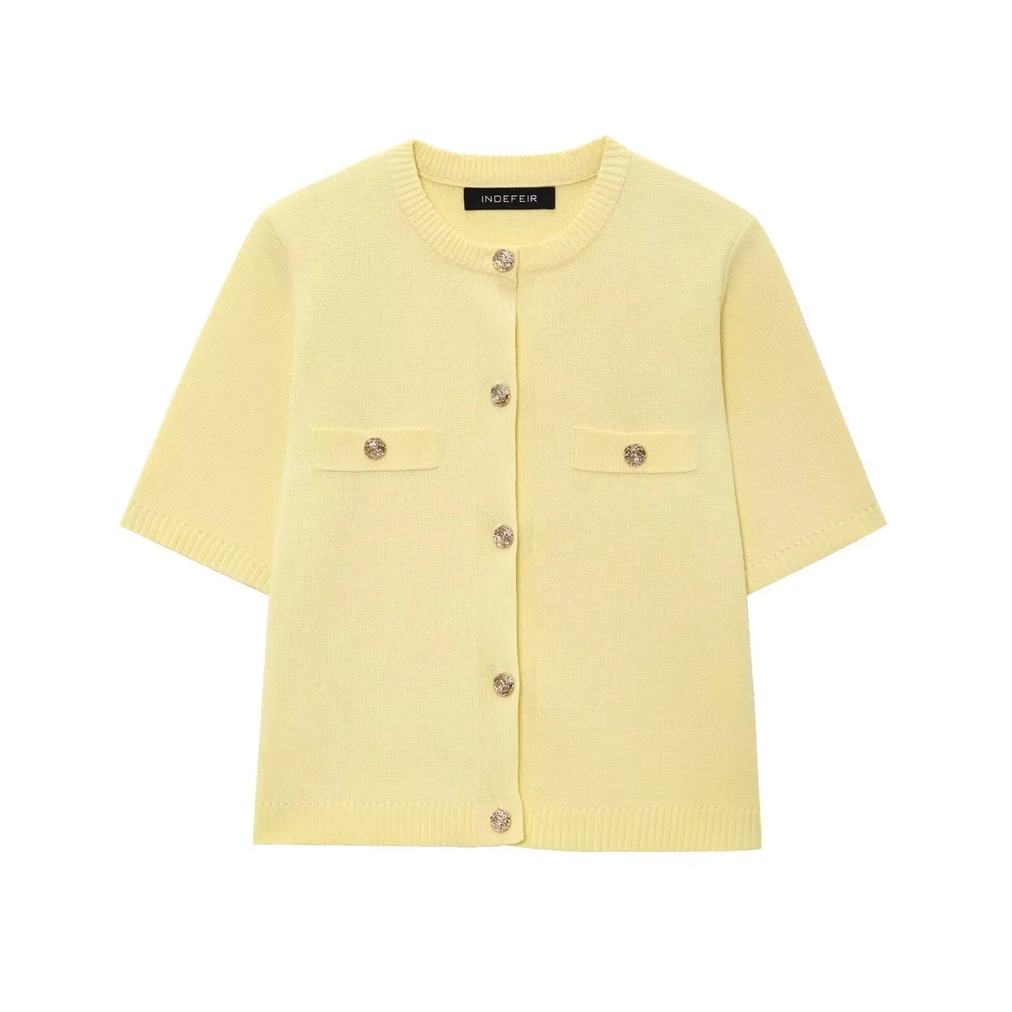 Knitted Skirt Suit Crew Neck Single-Breasted Short Sleeve Top+Fashion Elegant Elastic Waist Mini Skirt