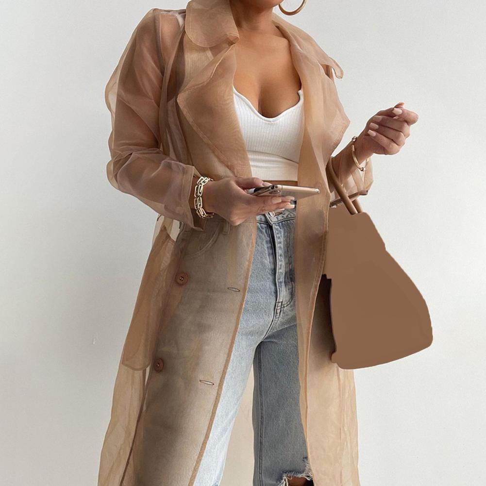 2023 Women Mesh Trench Coat Fashion See Through Jacket Summer Lace-up Sunscreen Shirt Net Yarn Long Shirt Thin Coat With Belt