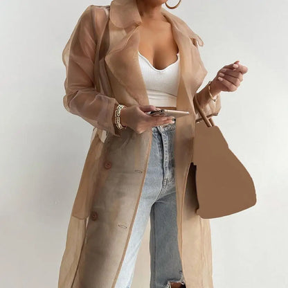 2023 Women Mesh Trench Coat Fashion See Through Jacket Summer Lace-up Sunscreen Shirt Net Yarn Long Shirt Thin Coat With Belt