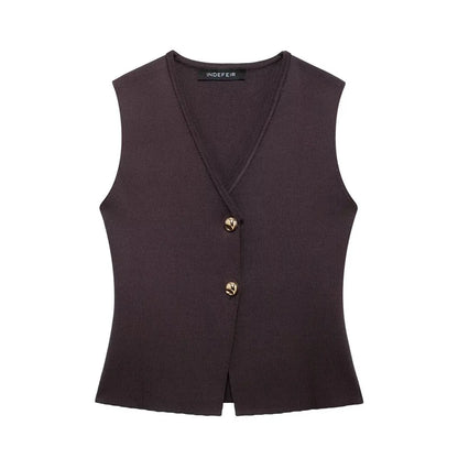 2 Piece Set Chic V-Neck Sleeveless Button Knitted Vest Top + Splicing High Waist Ankle-Length Skirt