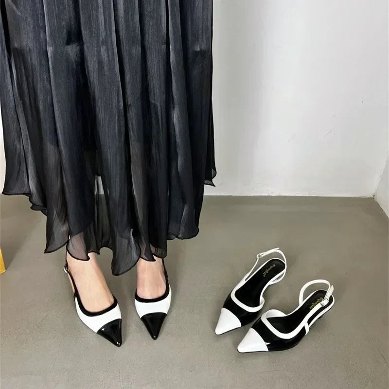 Black White Low Heeled Sandals Women Sexy Pointed Toe Slingbacks Chunky low Heels for Women Elegant Heels