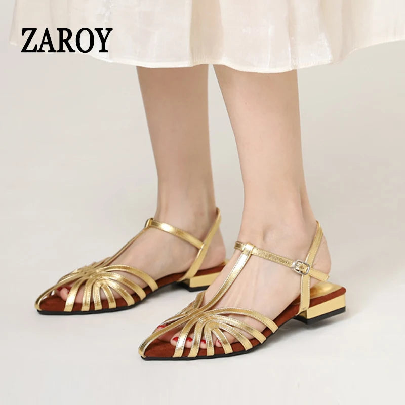 Sandals Summer Low Heel Ankle Strap Buckle Sandals Pointed Toe Hollowed Out T-strap Sandal
