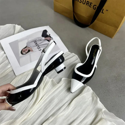 Black White Low Heeled Sandals Women Sexy Pointed Toe Slingbacks Chunky low Heels for Women Elegant Heels