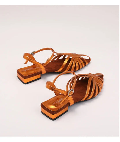 Sandals Summer Low Heel Ankle Strap Buckle Sandals Pointed Toe Hollowed Out T-strap Sandal