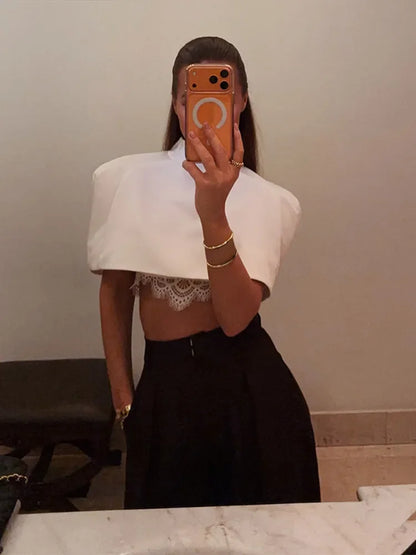 Shawl Crop Tops  Solid Shoulder Pads Stand Collar