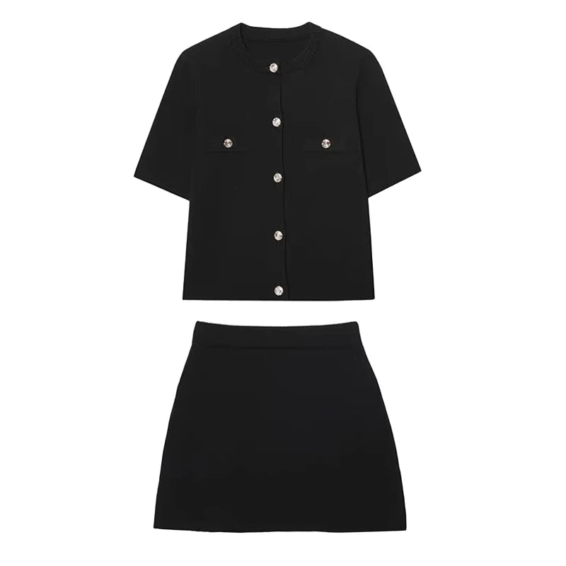 Knitted Skirt Suit Crew Neck Single-Breasted Short Sleeve Top+Fashion Elegant Elastic Waist Mini Skirt