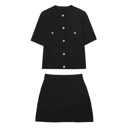 Knitted Skirt Suit Crew Neck Single-Breasted Short Sleeve Top+Fashion Elegant Elastic Waist Mini Skirt