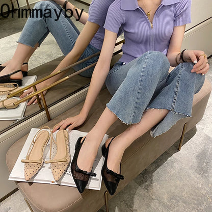 2026 Summer Butterfly-knot Women Sandals Fashion Mesh Pointed Toe Slip On Shoes Ladies Elegant Party Dress Flats Sandalias