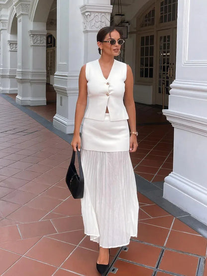 2 Piece Set Chic V-Neck Sleeveless Button Knitted Vest Top + Splicing High Waist Ankle-Length Skirt
