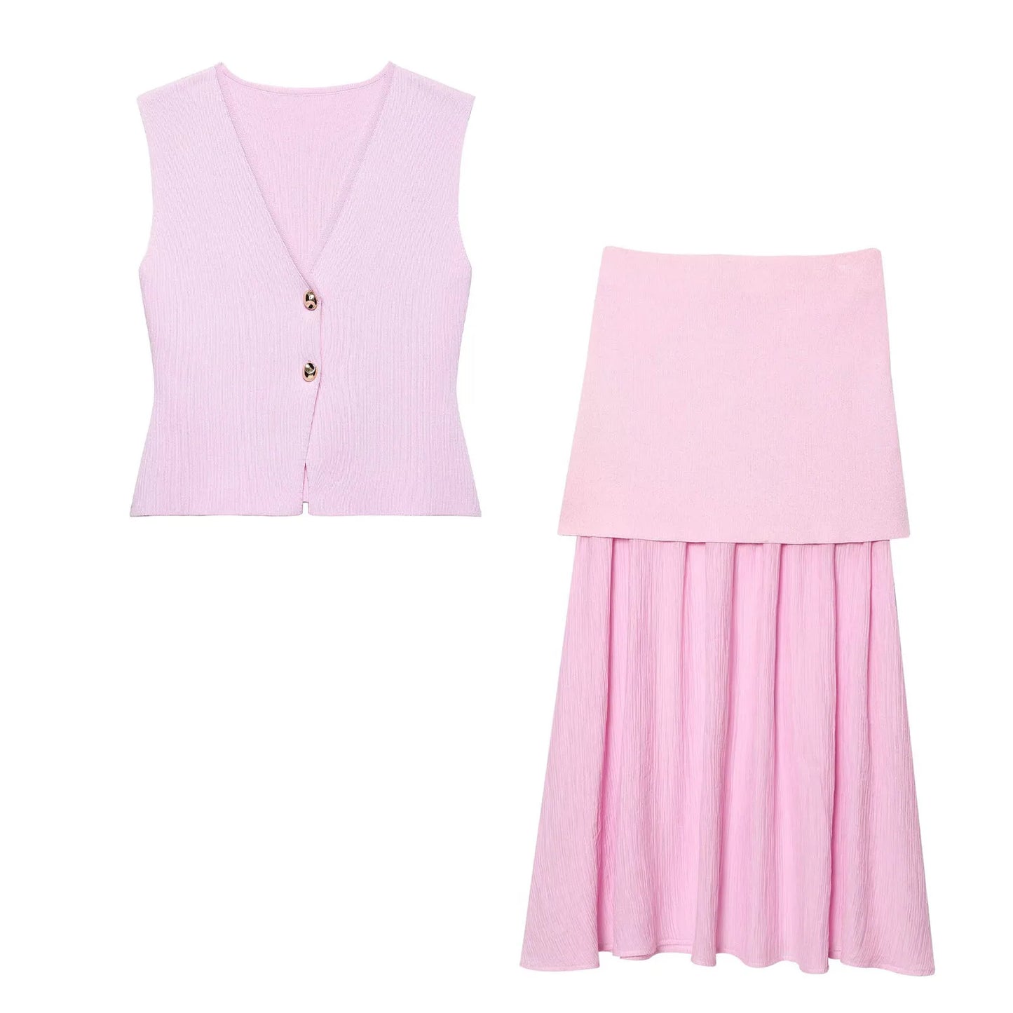 2 Piece Set Chic V-Neck Sleeveless Button Knitted Vest Top + Splicing High Waist Ankle-Length Skirt