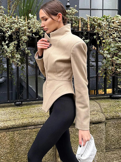 Women Pants Set Curved Hem Coat 2-Piece Sets Beige Stand Collar Jacket Hook Closure Top Wide Leg Trousers Casual Spring Outfit
