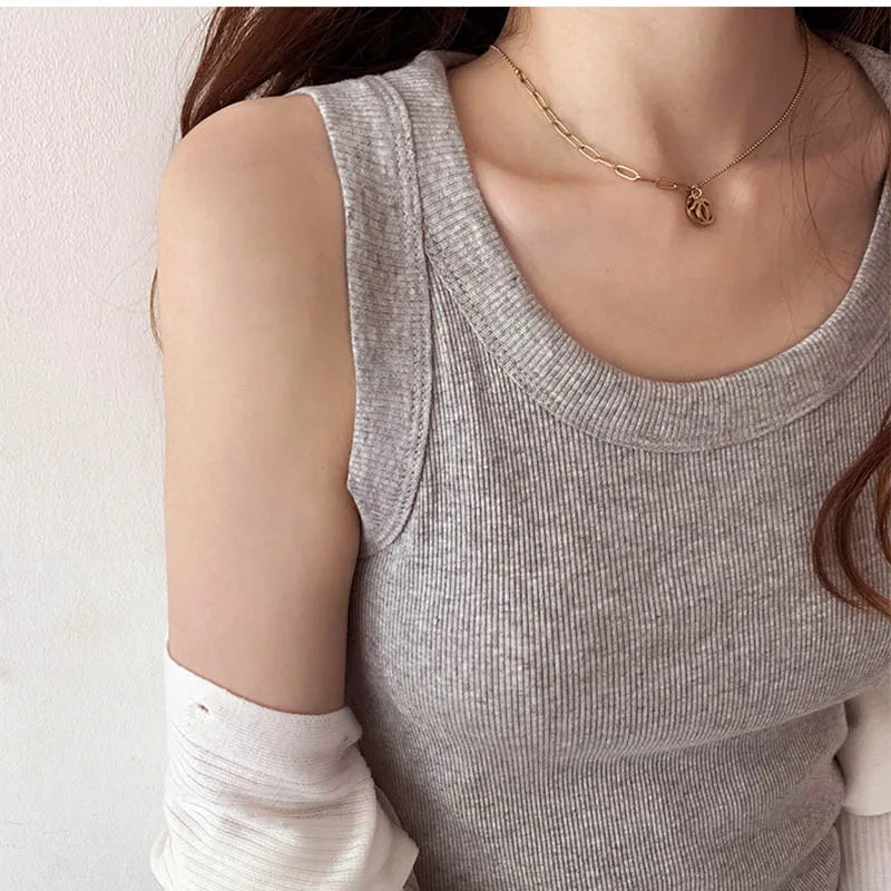Summer Knitted Solid Color Tanks Top White Skinny Camisole Women Basic Camisole T-Shirt