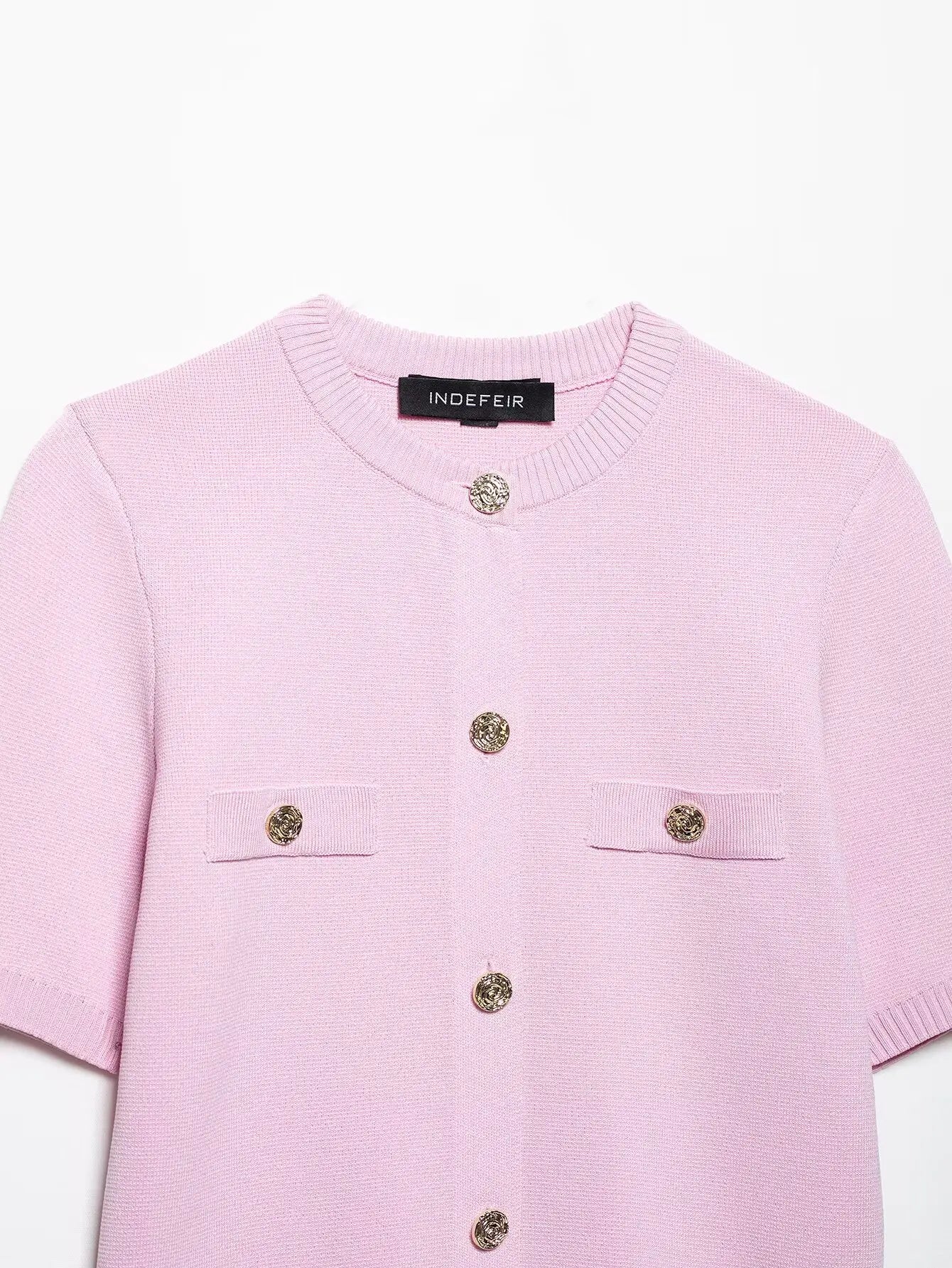 Knitted Skirt Suit Crew Neck Single-Breasted Short Sleeve Top+Fashion Elegant Elastic Waist Mini Skirt