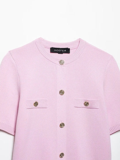 Knitted Skirt Suit Crew Neck Single-Breasted Short Sleeve Top+Fashion Elegant Elastic Waist Mini Skirt