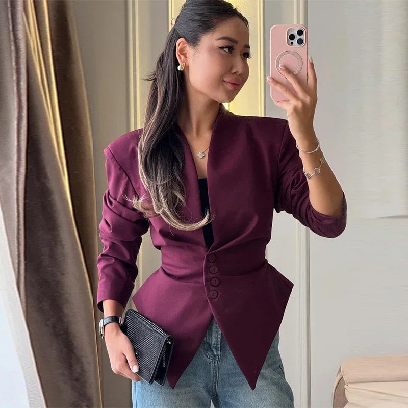 Casual Lace Up Solid Blazer Women Fashion Slim V-neck Single Breasted Full Sleeve Jacket Female 2026 Spring Lady Outwears New