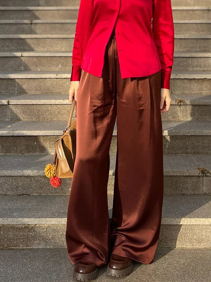 Luxury Wide Leg Baggy Satin High Waist Pants For Women Trousers With Pockets