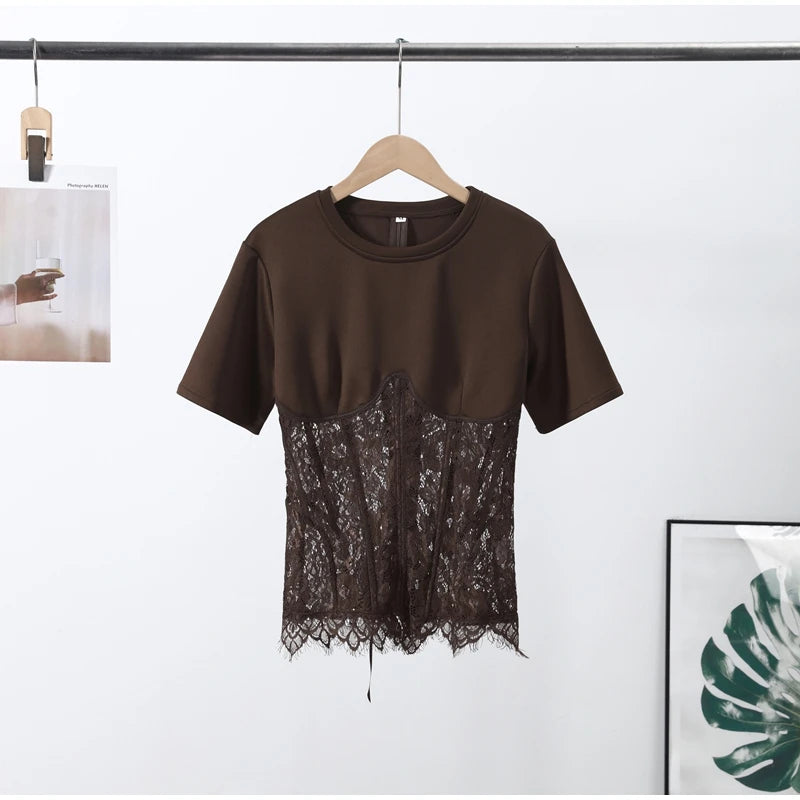 Fashion Floral Lace Fish-bone Patchwork Shirts For Women 2026 Spring New Chic Short Sleeve O-neck Blouse Lady Street Y2K Tops