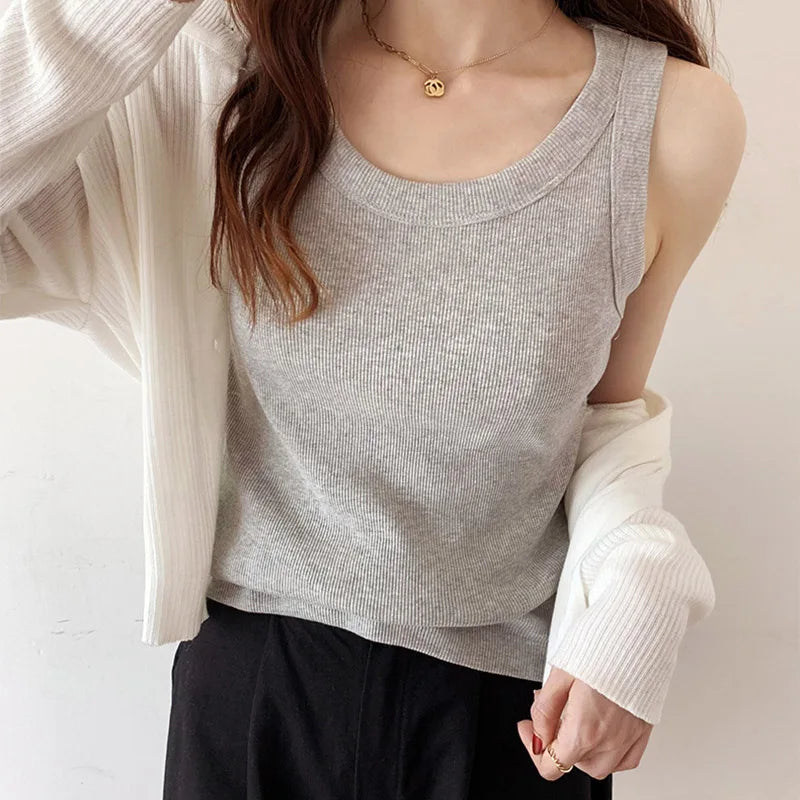 Summer Knitted Solid Color Tanks Top White Skinny Camisole Women Basic Camisole T-Shirt