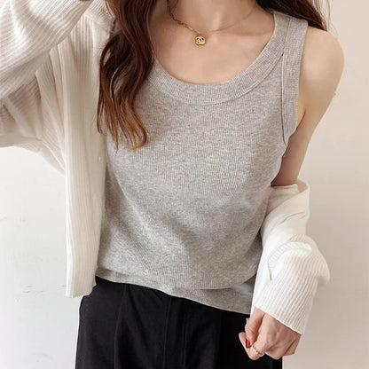 Summer Knitted Solid Color Tanks Top White Skinny Camisole Women Basic Camisole T-Shirt