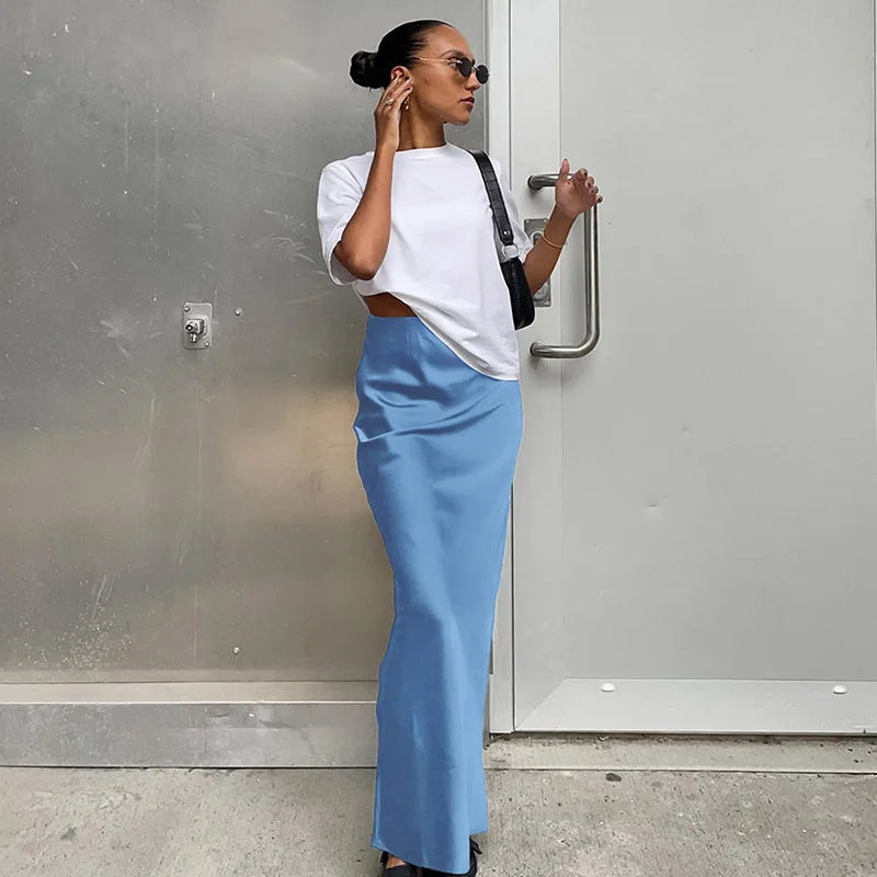 Elegant Long  Slim High Waist Satin Black Trumpet Skirts
