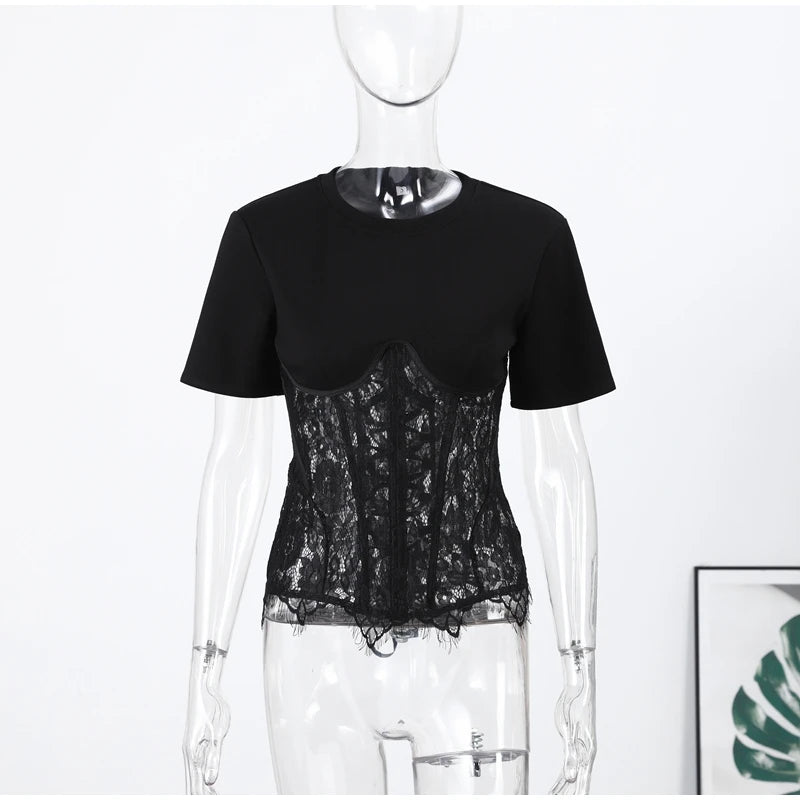 Fashion Floral Lace Fish-bone Patchwork Shirts For Women 2026 Spring New Chic Short Sleeve O-neck Blouse Lady Street Y2K Tops