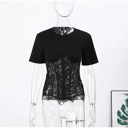 Fashion Floral Lace Fish-bone Patchwork Shirts For Women 2026 Spring New Chic Short Sleeve O-neck Blouse Lady Street Y2K Tops