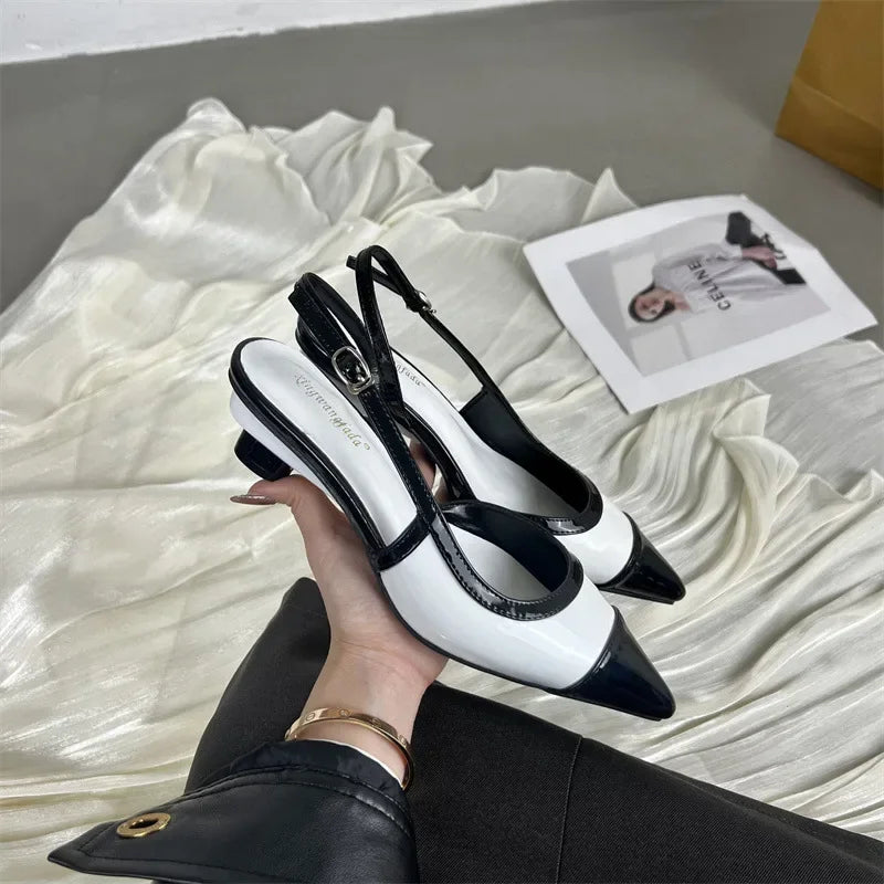 Black White Low Heeled Sandals Women Sexy Pointed Toe Slingbacks Chunky low Heels for Women Elegant Heels