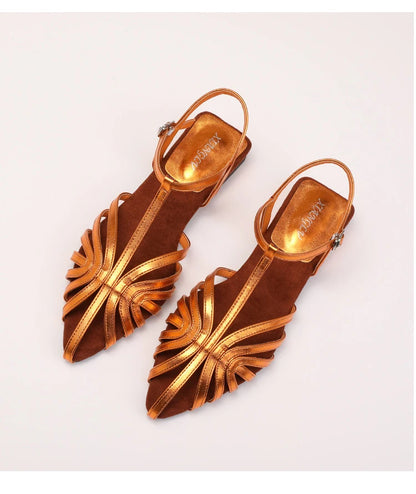 Sandals Summer Low Heel Ankle Strap Buckle Sandals Pointed Toe Hollowed Out T-strap Sandal