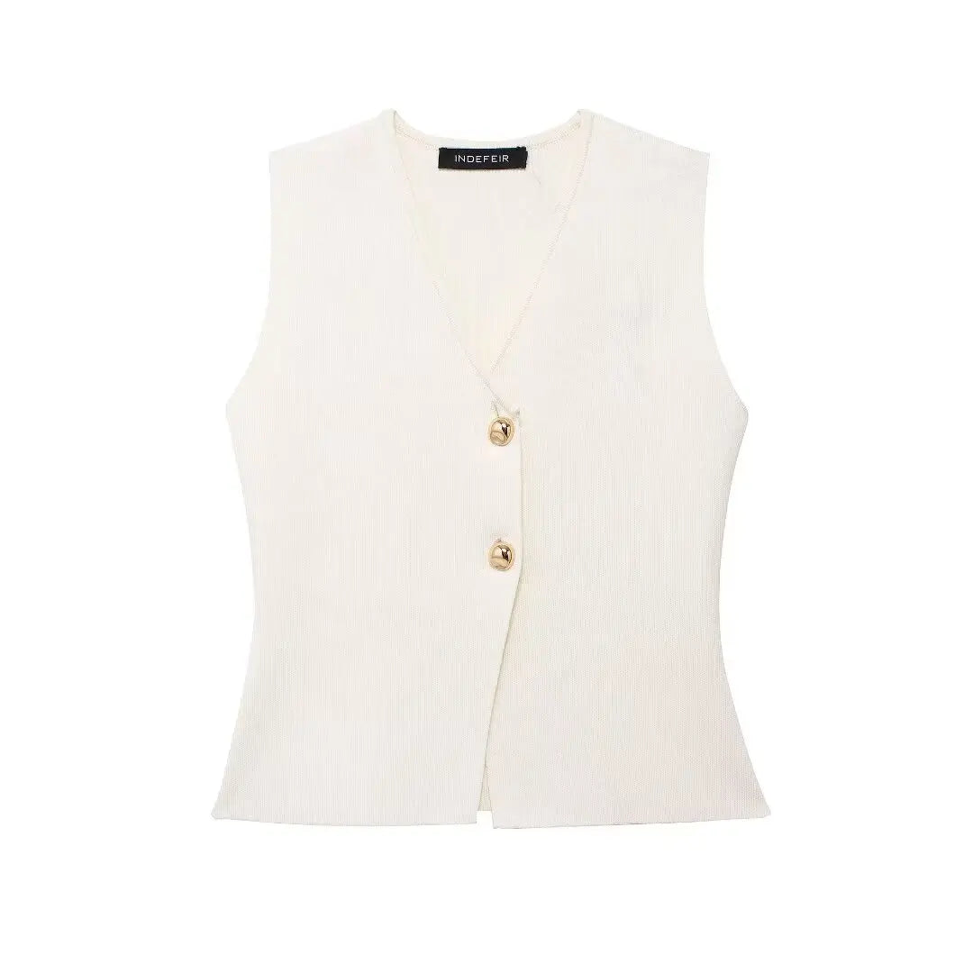 2 Piece Set Chic V-Neck Sleeveless Button Knitted Vest Top + Splicing High Waist Ankle-Length Skirt