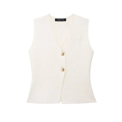 2 Piece Set Chic V-Neck Sleeveless Button Knitted Vest Top + Splicing High Waist Ankle-Length Skirt
