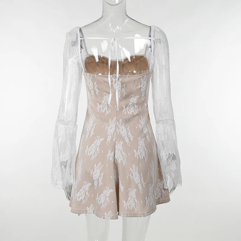 Elegant lace Mini Dress For Women Square Collar Long Sleeve Backless